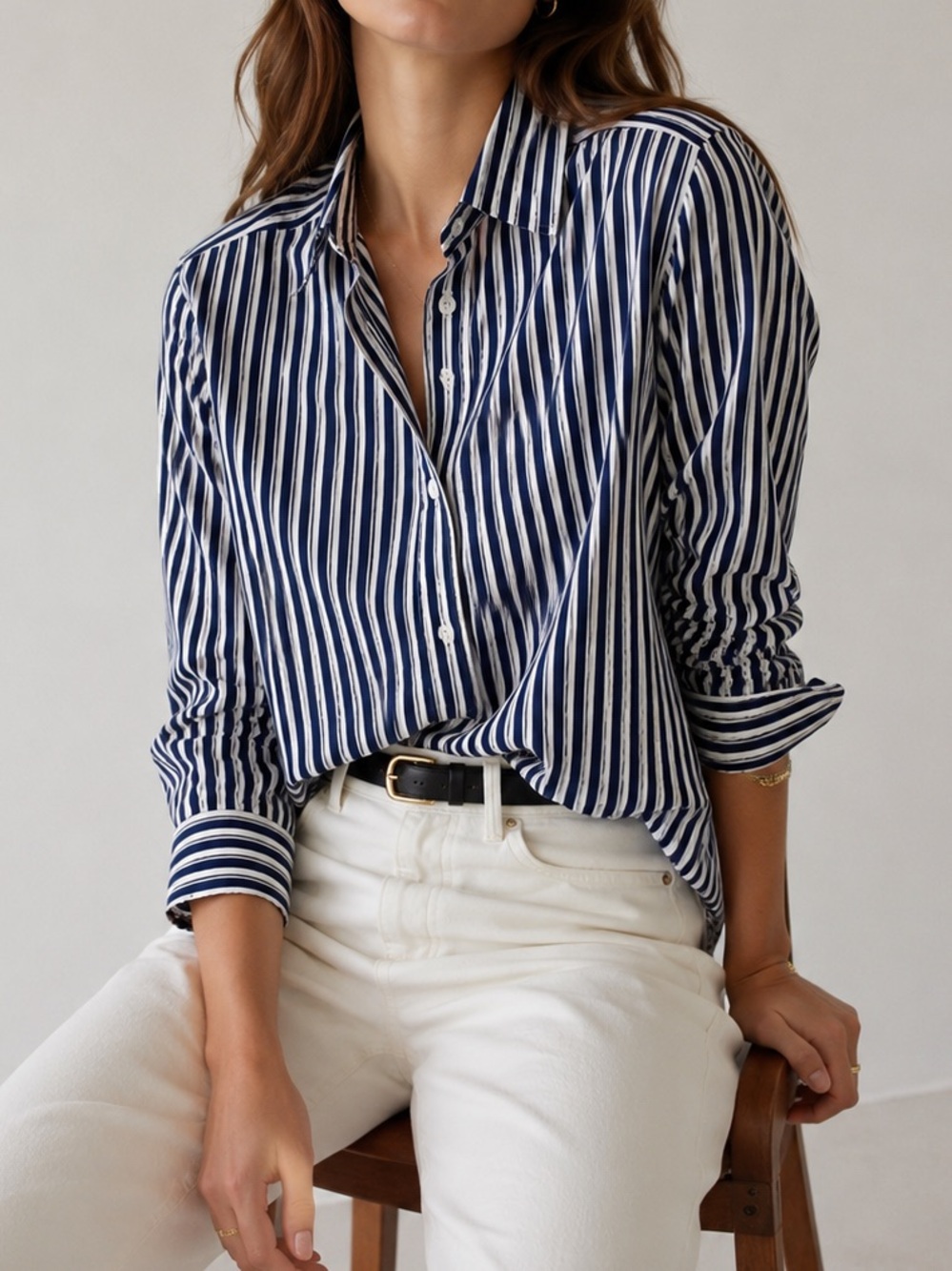 H&M | Blue White Striped Button Front Blouse Relaxed Fit Everyday Essential